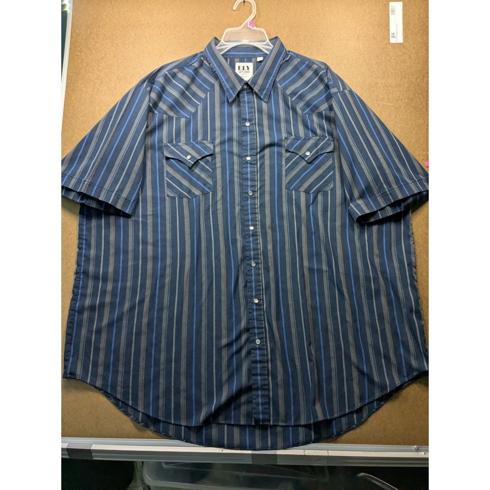 Ely Cattleman Mens Big 3X Blue Striped Short Sleeve Western Pearl Snap Shirt